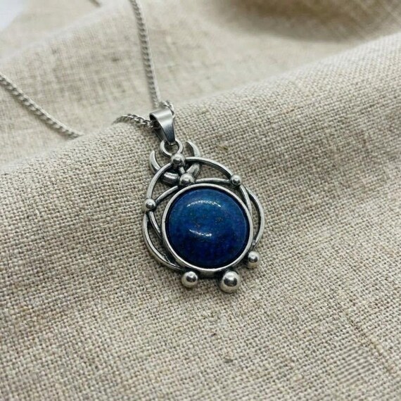 Lapis Lazuli Healing Crystal Pendant, Certified Silver Celestial Necklace for Women, Spiritual Reiki Pendant, Handmade Moon Inspired Jewelry