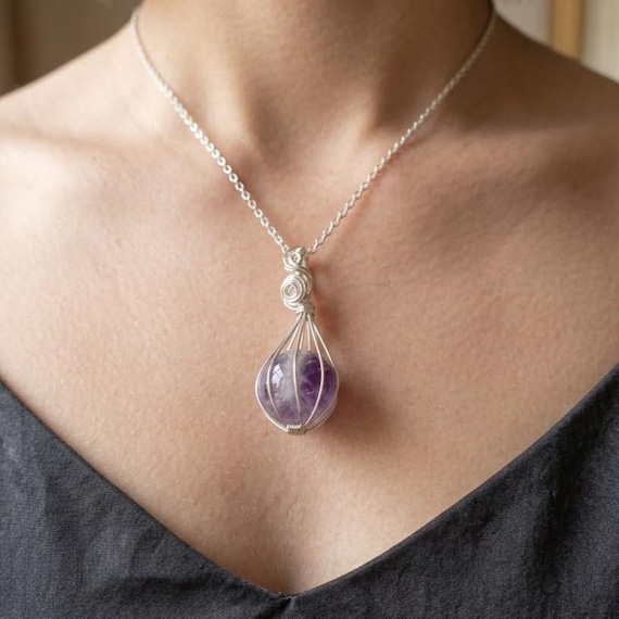 Amethyst Sphere Necklace, Certified Natural Purple Crystal Ball Pendant, Crown Chakra Healing Jewellery, Sterling Silver Wrapped Gemstone