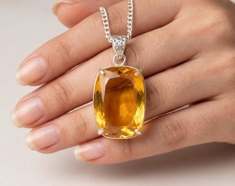 Premium Yellow Sapphire Cushion Pendant, 100-110Ct Sterling Silver Yellow Gemstone Jewellery, September Birthstone Necklace, Luxury Gift