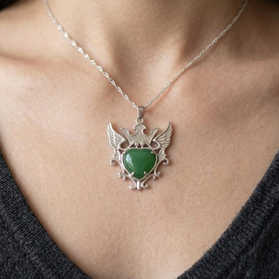 Certified Green Aventurine Pendant, Sterling Silver Heart Jewellery, Heart Chakra Stone, Crown Wing Design Gemstone Gift for Her