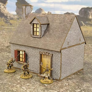 May include: A miniature gray stone house with a gray shingled roof, a small dormer window, and a chimney. Three miniature soldiers in tan uniforms stand in front of the house.
