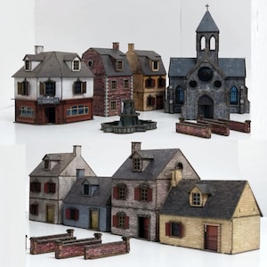 Set di elementi scenici pre-dipinti per villaggio europeo in scala 28 mm / Scenario per wargame ambientato in Normandia nella Seconda Guerra Mondiale / Edifici modulari per giochi da tavolo