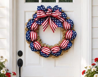 Corona patriótica con la bandera estadounidense / Adorno para puerta del 4 de julio / Corona de estrellas y rayas para la puerta principal / Decoración para el porche de EE. UU. / Regalo del 4 de julio
