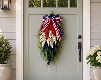 Guirnalda patriótica de EE. UU. para puerta / Corona roja, blanca y azul para porche / Adorno para puerta del 4 de julio / Corona con lazo para el Día de la Independencia / Decoración de verano para exteriores