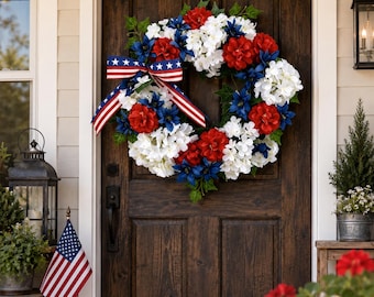 Corona del 250 aniversario de EE. UU. / Adorno para puerta principal del Día de la Independencia / Corona con lazo rojo, blanco y azul / Decoración patriótica estilo granja para el 4 de julio