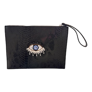 ブラックイーブルアイスネークスキンクラッチ – フェイクパイソンリストレットパース – クリスタル装飾のステートメントイブニングバッグ