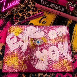 Pink Python Wristlet Clutch with Evil Eye Rhinestone | Handmade Statement Pouch | One-of-a-Kind Designer Wristlet | Gift for Her