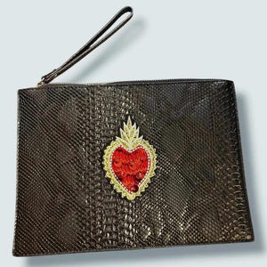 Black Sacred Heart Clutch – Faux Snakeskin Wristlet Purse – Embellished Red Heart Statement Bag