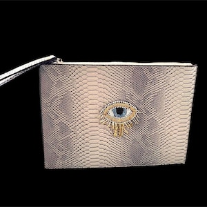 Bolso de mano gris con ojo turco – Monedero de imitación de piel de serpiente – Bolso llamativo con ojo turco de cristal adornado