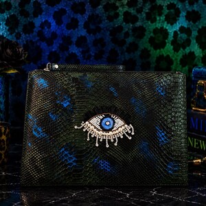 Green Python Evil Eye Embellished Oversized Clutch | Handmade Statement Wristlet | Blue & Green Snakeskin Vegan Leather Pouch | One of a Kin