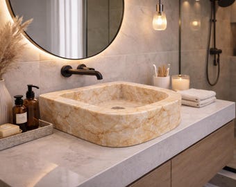 Hand Carved Onyx Stone Marble D-Shaped Vessel Sink, Natural Stone Vanity Basin