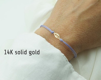 14K solid gold evil eye bracelet  - adjustable eye bracelet - tiny evil eye - silk cord evil eye bracelet - protection amulet