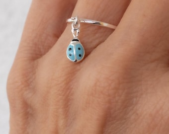Sterling Silver Enamel Ladybug Dangle Ring - Red Teal Charm Insect Jewelry Spring Trendy