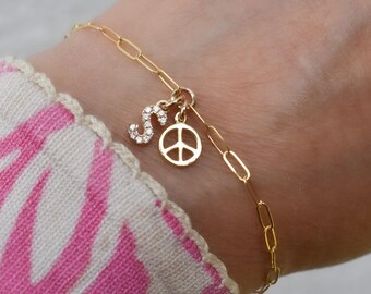 Peace symbol initial bracelet - personalized paper clip chain jewelry