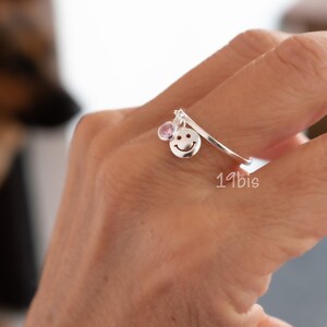 Smiley birthstone ring - dangle ring - CZ birthstone charm - emoji jewelry - personalized  ring - Happy face ring