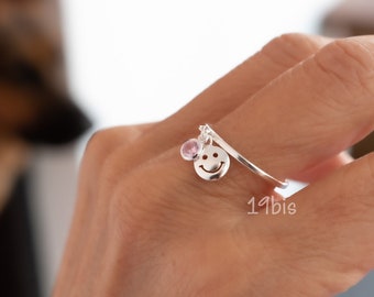 Bague avec pierre de naissance smiley - Pendentif en argent sterling