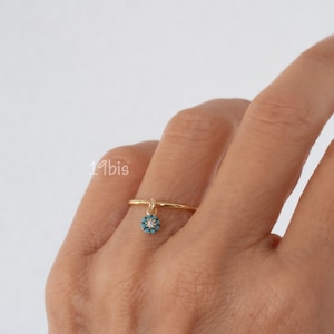 Flower dangle ring  -  tiny daisy - turquoise - pave flower - cz charm
