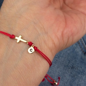 Tiny cross bracelet with initial  - religious bracelet - tiny cross - rope adjustable cross bracelet-  customized bracelet -