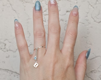 Initial Birthstone Dangle Chain Ring - Personalized Birthday Jewelry Gift with Charms