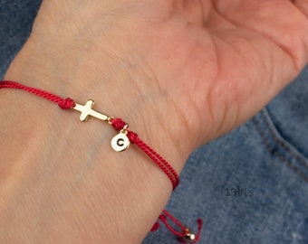 Tiny cross bracelet with initial  - religious bracelet - tiny cross - rope adjustable cross bracelet-  customized bracelet -