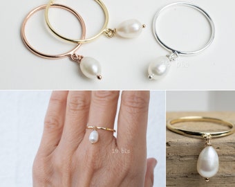 Teardrop pearl dangle ring  -  pearl jewelry - freshwater pearl - pear shape pearl