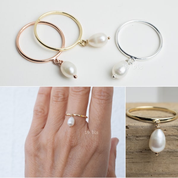 Teardrop pearl dangle ring  -  pearl jewelry - freshwater pearl - pear shape pearl