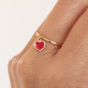Red Enamel Heart Dangle Ring: Sterling Silver or Gold Vermeil