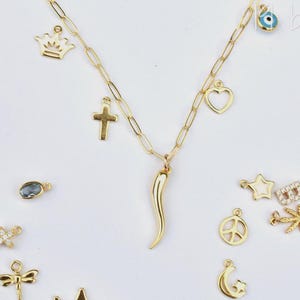Build your own horn custom necklace  - Italian horn charm necklace - paper clip necklace - - protection - talisman - multi charms necklace
