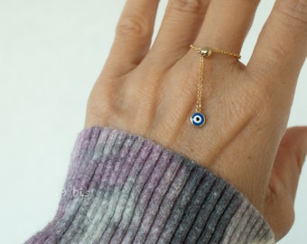 Dangle evil eye  ring  - gold adjustable eye ring - dangle eye ring - protection amulet - tiny evil eye  -  drop evil eye ring