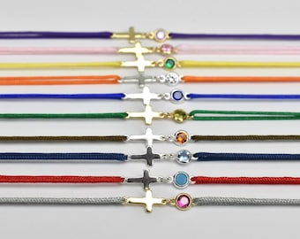 Tiny cross cord bracelet with birthstone  - custom religious adjustable bracelet