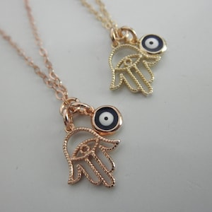 Hamsa hand and evil eye dangles necklace - 14K gold-filled chain - blue evil eye - hand of fatima - gold hamsa - rose gold hamsa necklace