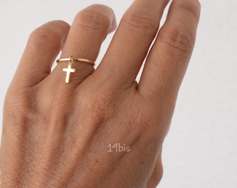 Cross  dangle ring - tiny cross - silver cross ring - religious - gold dangle ring