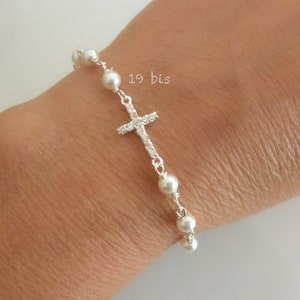 CZ sideways cross bracelet with  pearls -  925 sterling silver - religious bracelet - bridesmaid