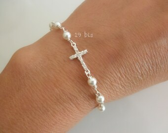 Elegant Sterling Silver CZ Sideways Cross Bracelet with Pearls - Religious Jewelry for Bridesmaids
