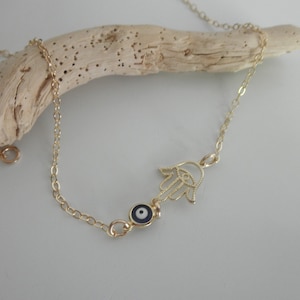 Gold hamsa hand and blue evil eye necklace 14k gold-filled chain hand of fatima filigree hamsa hand image 5