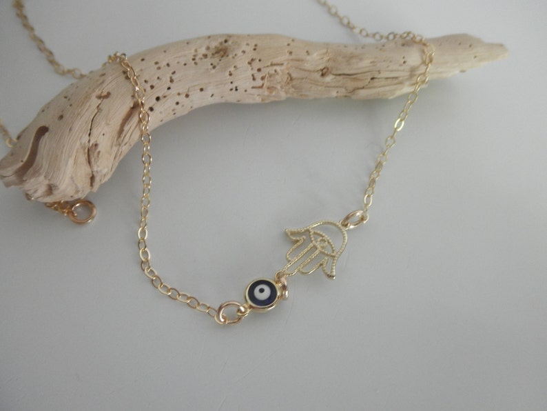 Gold hamsa hand and blue evil eye necklace 14k gold-filled chain hand of fatima filigree hamsa hand image 5