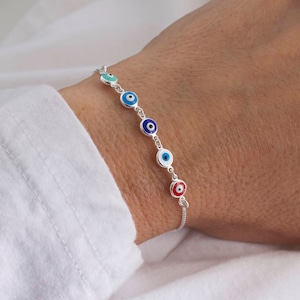 Multi color evil eye  bracelet  - 925 sterling silver -  adjustable eye bracelet - tiny evil eye bracelet - mini evil eye -