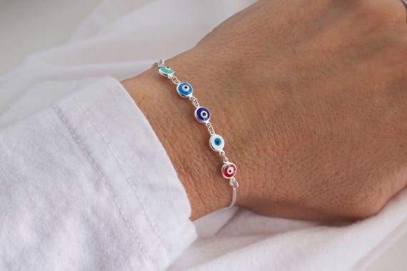 Multi color evil eye  bracelet  - 925 sterling silver -  adjustable eye bracelet - tiny evil eye bracelet - mini evil eye -
