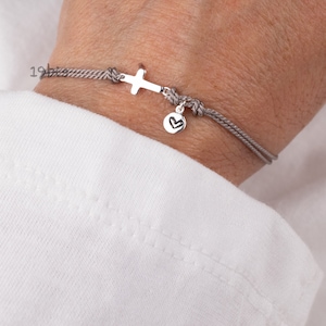 Tiny cross bracelet with dangle heart - religious bracelet - tiny cross - rope adjustable cross bracelet-  customized bracelet -