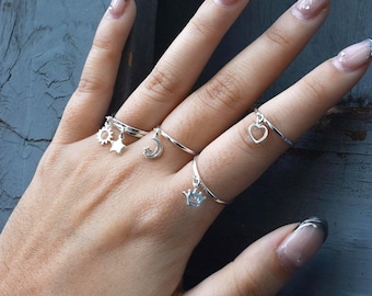 Sterling Silver Dangle Tiny Charms Ring - Choose Your Favorite Celestial Crown Moon Star Sun Princess Queen Charm
