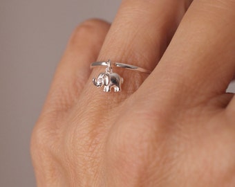Elephant dangle ring   - tiny elephant - luck - protection amulet  - silver - gold -