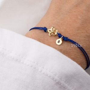 Personalized Flower Bracelet: Sterling Silver Initial Charm, Silk Cord