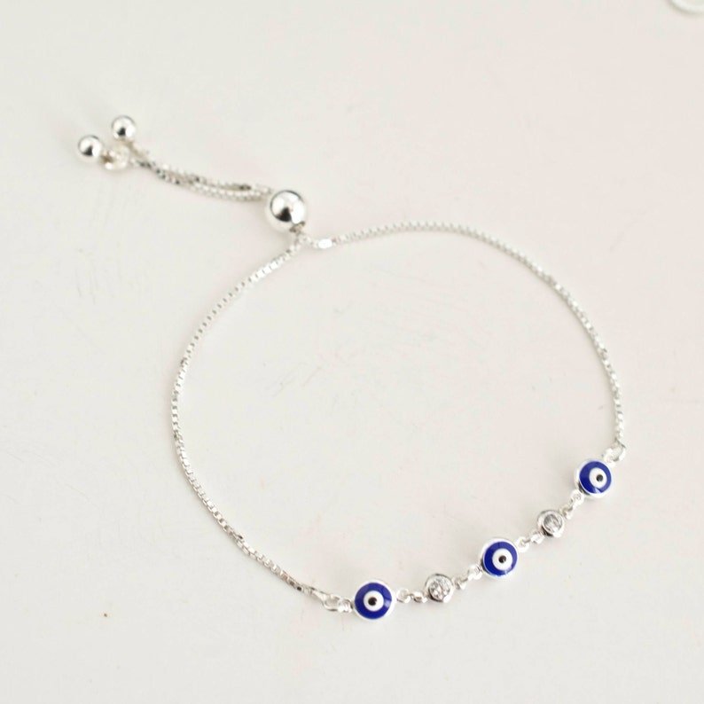 Pulsera de mal de ojo con dijes de circonita cúbica - plata de ley 925 - pulsera de mal de ojo ajustable - pulsera de mal de ojo pequeña - mini mal de ojo - imagen 2