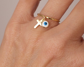 Evil eye cross ring  - dangle ring - tiny cross - protection amulet - tiny evil eye  -  blue evil eye - red - turquoise - silver - gold -