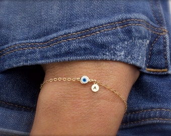 Evil eye bracelet dangle initial - tiny evil eye bracelet - tiny charms -  mini evil eye - gift for woman - personalized gifts -