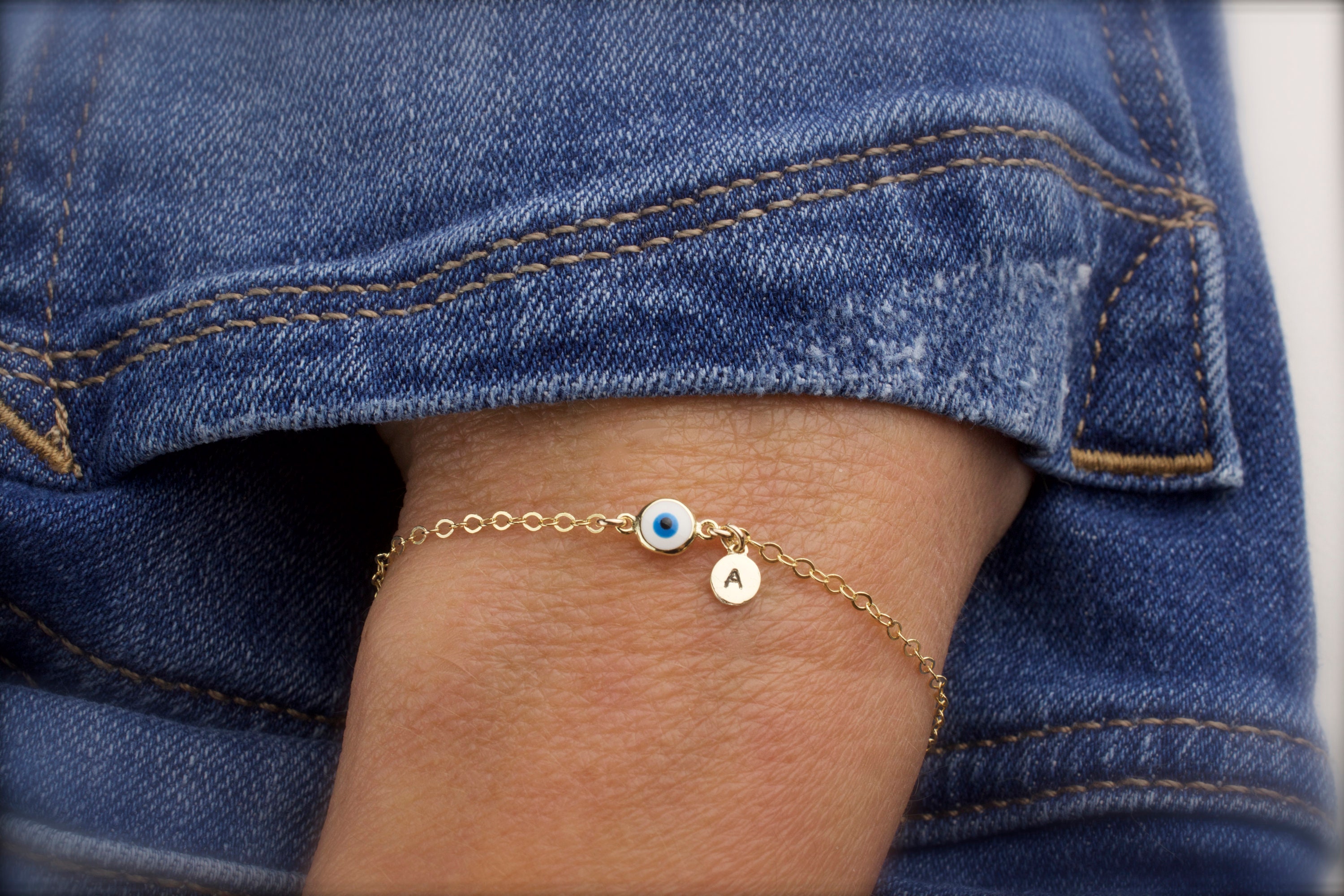 Evil eye bracelet dangle initial - tiny evil eye bracelet - tiny char…