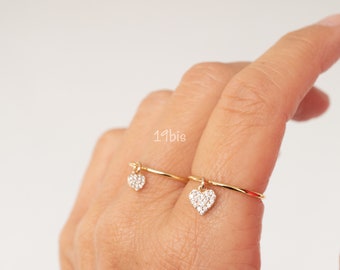 Heart dangle  ring   - tiny heart ring - cz heart - love ring - zircon charm - valentines gift -  Valentines day gift