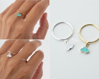 Cloud dangle  ring   - white cloud - aqua cloud - cloud jewelry - cloud gifts - enamel charm - enamel ring -  Christmas