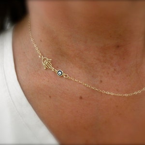 Gold hamsa hand and blue evil eye necklace -14k gold-filled chain - hand of fatima- filigree hamsa hand