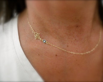 Gold hamsa hand and blue evil eye necklace -14k gold-filled chain - hand of fatima- filigree hamsa hand